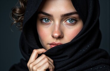 Naklejka premium Woman with striking blue eyes and dark headscarf looking directly at the camera