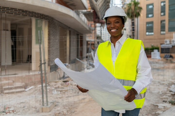 Smiling female African american engineer in safety vest holding blueprint at construction site