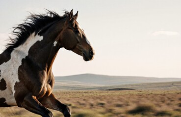 Obraz premium A powerful horse galloping across open plains under a clear sky
