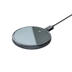Sleek circular wireless charger with glowing indicator light and USB cable, perfect for modern tech setups and convenient device power.