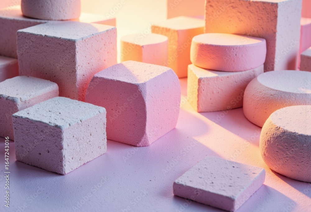 Poster colorful geometric foam blocks arranged on a surface with soft lighting creating shadows and depth