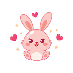 Cute Pink Bunny Character with Hearts and Sparkles Illustration
