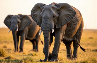 Fototapeta premium A group of elephants walking across a grassy plain during sunset