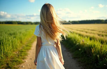 Woman walking along a dirt path in a green field during daytime with clear skies