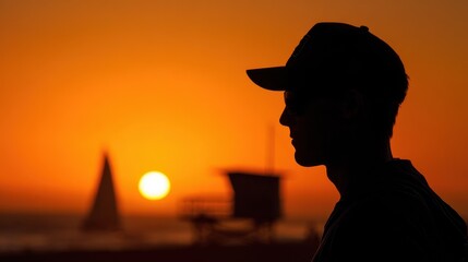 Baseball Hat Silhouette on Beach with Lifeguard Tower and Ocean Sunset Background