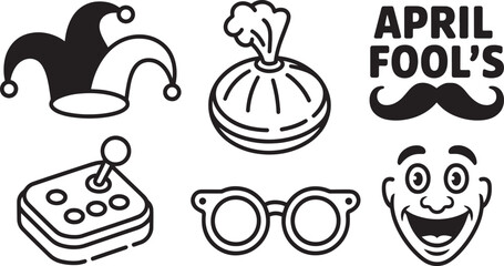 April Fool's Day Icons Set Silhouette Style Jester Hat Onion Mustache Controller Glasses