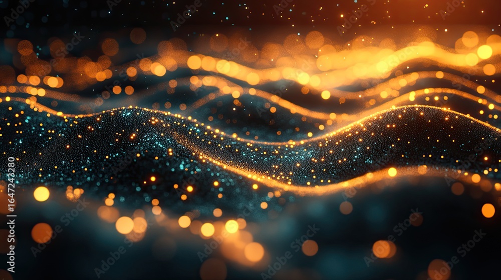 Poster luminous waves of golden bokeh and teal particles in a digital flow.