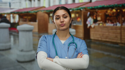 Fototapeta premium Young hispanic woman nurse in blue scrubs with stethoscope standing confidently in outdoor street market setting.