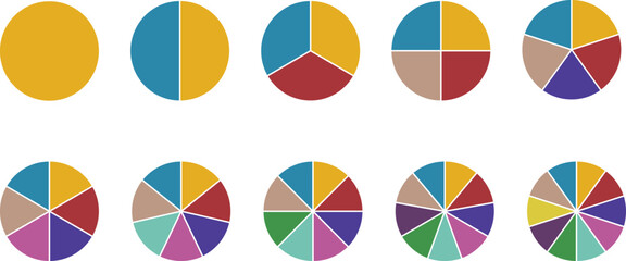 Circle pie chart diagram. Circle division infographic icon set. Loading bar set diagram multicolored collection. Pie chart divided 1,2,3,4,5,6,7,8,9,10, equal parts.