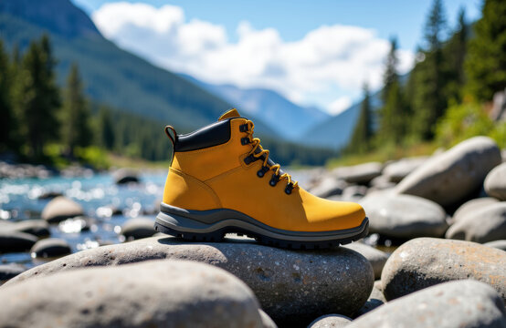 A yellow hiking boot placed on rocks beside a mountain river in a scenic outdoor landscape