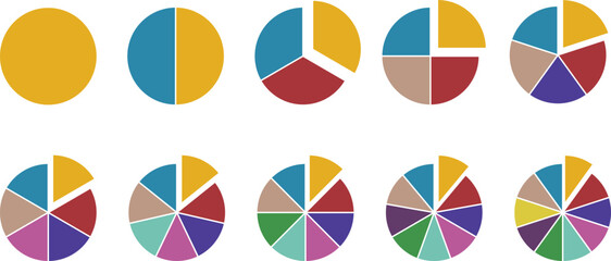 Circle pie chart diagram. Circle division infographic icon set. Loading bar set diagram multicolored collection. Pie chart divided 1,2,3,4,5,6,7,8,9,10, equal parts.