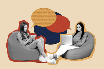 Creative pop poster sketch art collage of two happy girls sit beanbag hold laptop bubble...
