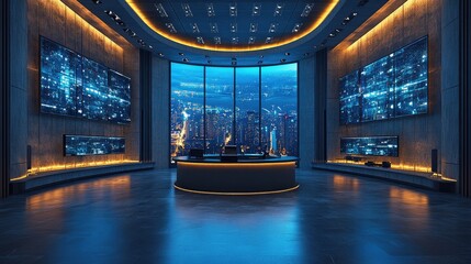 Futuristic Control Room with City View and Glowing Monitors at Night.