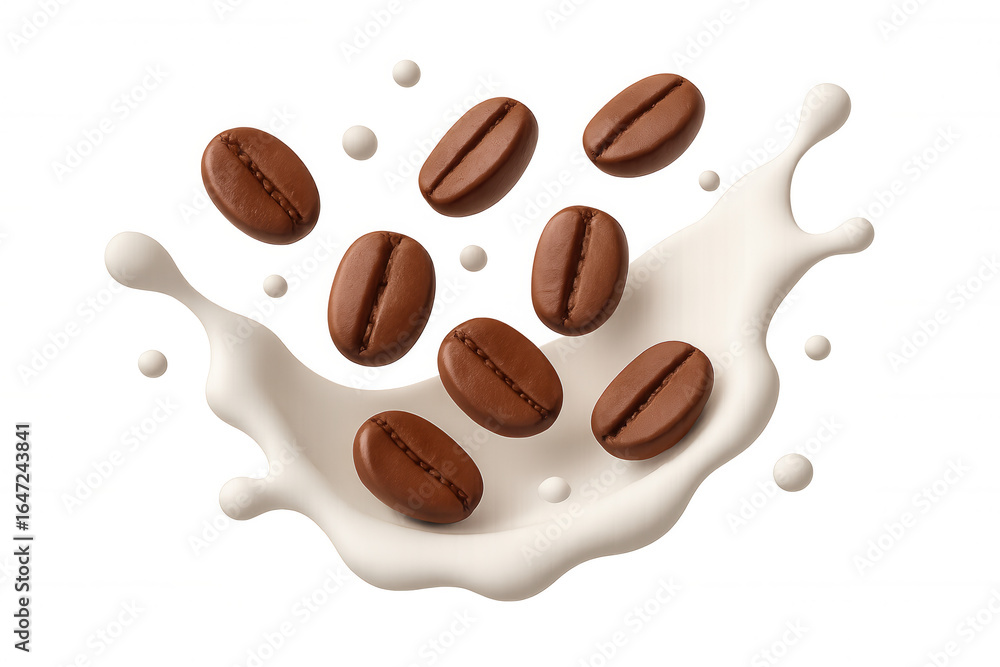 Aufkleber coffee beans cascading into creamy milk splash, 3d rendering capturing dynamic beverage interaction 