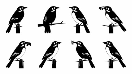 Naklejka premium Silhouette images of birds perched on posts and branch in various poses black and white vector art