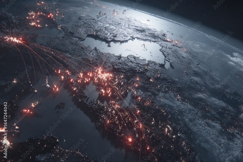 Poster this stock image showcases a breathtaking view of the earth from space, with intricate plexus routes