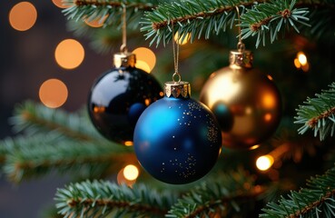 Obraz premium Colorful Christmas ornaments hanging on a decorated tree with warm bokeh lights in the background