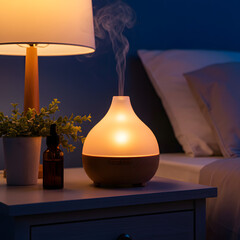 A diffuser emitting vapor sits on a bedside table with a lamp and plant in a bedroom scene