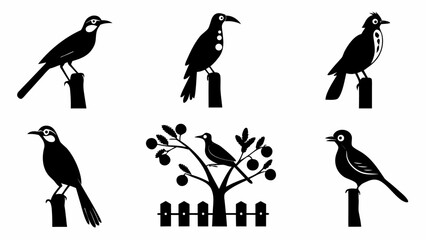 Fototapeta premium Silhouette illustrations of birds perched on posts and a bird in a tree with a fence line