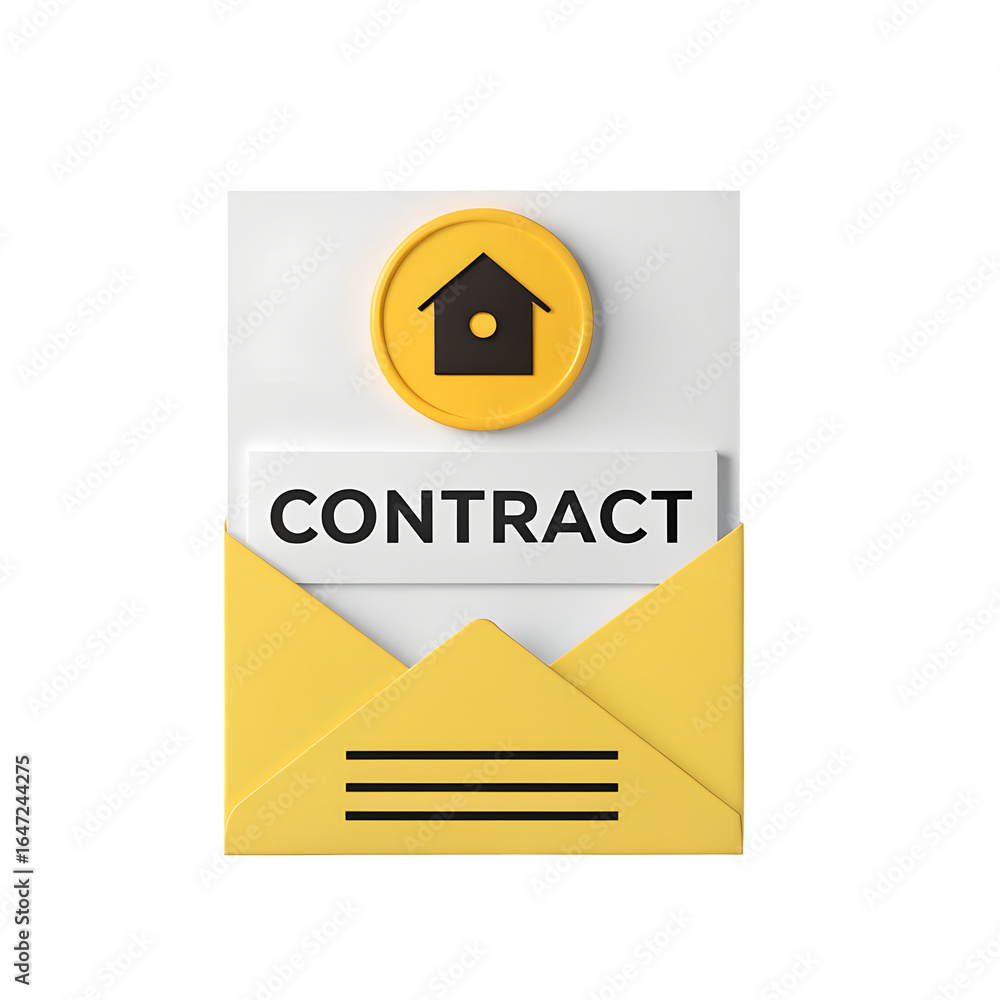 Poster yellow envelope with contract document and house icon isolated on transparent background