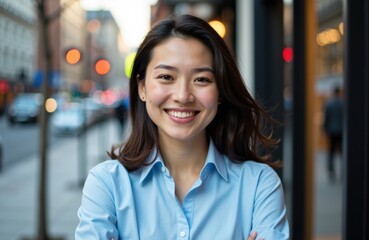 Woman smiling outdoors in an urban setting with blurred city lights in the background