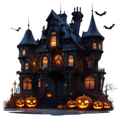 Spooky Halloween mansion illuminated by glowing Jack o' Lanterns, perfect for holiday decor, party invitations, and festive marketing.