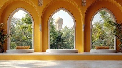 Serene Interior View: Arched Windows Framing Lush Gardens and Distant Minaret.
