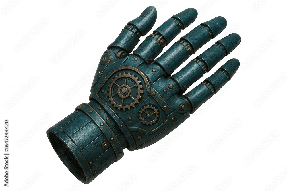 Poster metal mechanical robotic hand with visible gears showing open palm, isolated on transparent backgrou