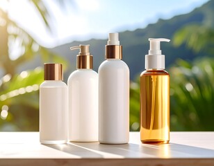 Four cosmetic bottles, white and gold, displayed outdoors on a sunny day.