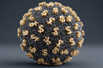 A unique and artistic representation of a ball made of black and gold colored pasta, resembling currency symbols inside a plexus sphere.