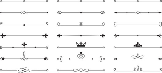 Elegant black line dividers with vintage ornaments. Set of classic decorative flourishes. Vector border designs for luxury labels, packaging and wedding invites. © Olesia