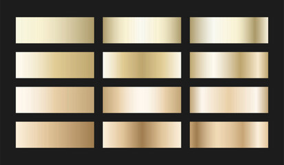 Soft champagne gold gradient swatches collection. Light metallic textures with polished foil shine and satin smooth transitions. Elegant palette for premium and sophisticated designs