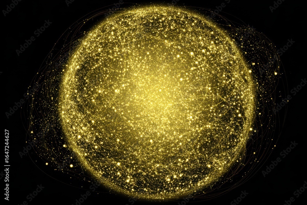 Poster a vibrant yellow sphere filled with numerous glowing dots, creating a mesmerizing and futuristic pat