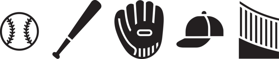 Baseball Equipment Icons Set Vector Illustration: Ball, Bat, Glove, Cap, Stadium, Sport Elements