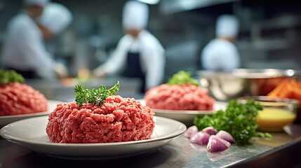 Fresh ground meat seasoned with parsley sits on white plates in a professional restaurant kitchen as chefs work in the background preparing other ingredients