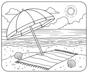 Relaxing beach scene with a large umbrella, striped mat, seashells, and ocean waves under a sunny sky in black and white line art coloring page illustration