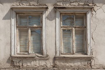 Fototapeta premium Broken Window Blinds. Dilapidated White Wooden Frames with Broken Plastic Blinds on Closed Windows of Old Suburban House