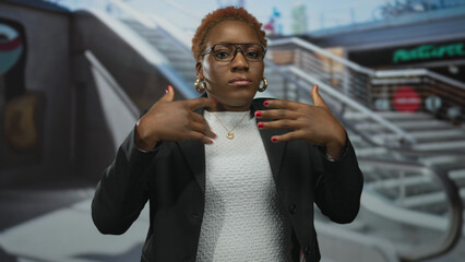 Young woman clenches fists to lips next to escalator in spacious modern mall building under...