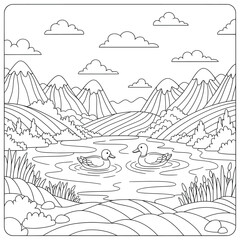Black and white mountain landscape illustration featuring a lake with two ducks, scenic hills, plants, and clouds, perfect for coloring books, nature artwork, and creative projects.