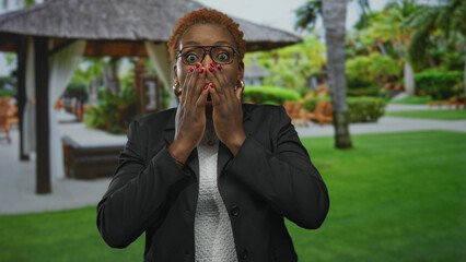 Woman wearing glasses and blazer covers her mouth with both hands against a building wall under...