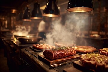 Aromatic smoke rising from various cuts of grilled meat, resting on wooden cutting boards in a professional restaurant kitchen, creates an enticing culinary scene