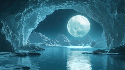 Fototapeta premium Majestic ice cave with glowing blue walls, opening to a serene view of a giant full moon over calm water, moonlight reflecting on the surface, surrounded by icy mountain peaks, fantasy winter landscap