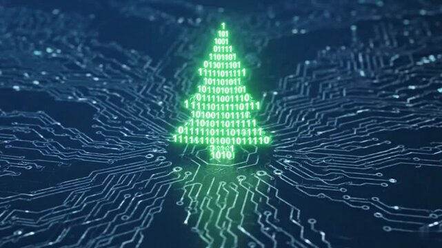 A digital christmas tree made of binary code on a blue circuit board background with glowing effect