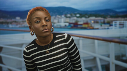 Young african american woman leans on boat railing overlooking a vibrant seaside port cityscape;...