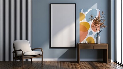 Stylish Interior with Blank Frame, Accent Wall, and Wooden Desk in a Modern Living Room Setting