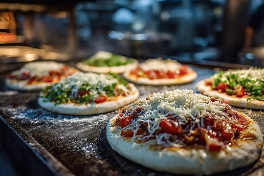 Several uncooked pizzas with various toppings, including tomato, cheese, and herbs, sit on a metal tray, ready to be baked in a professional kitchen oven