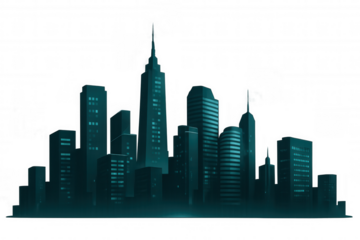 Luminous green cityscape glowing with high-rise buildings, sleek architectural design radiating nighttime urban brilliance