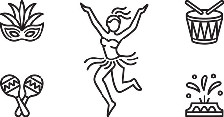 Carnival Icons Set Outline Style Mask Dancer Drum Maracas Fountain Brazilian Festival