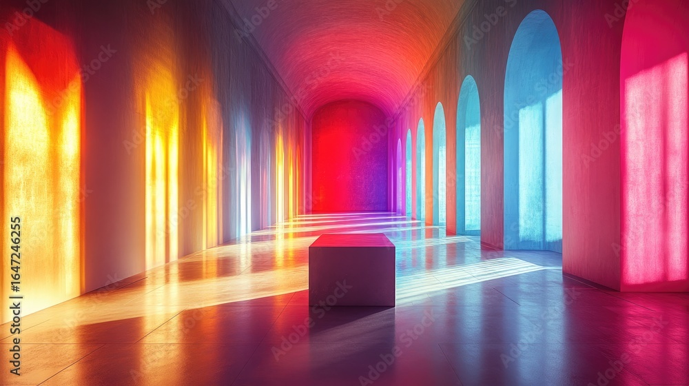 Poster vibrant light spectrum in arched hallway with cube sculpture abstract architecture.
