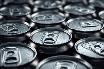Numerous black aluminum cans with condensation forming on top are tightly packed together, creating a visually appealing display of cool, refreshing beverages